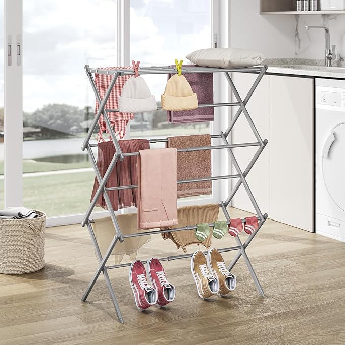 APEXCHASER Clothes Drying Rack, 3-Tier Laundry Drying Rack for Clothes, Expandable Metal Clothing Dryer, Collapsible Towel Rack, Air Drying Rack, Grey-CubbioJoy