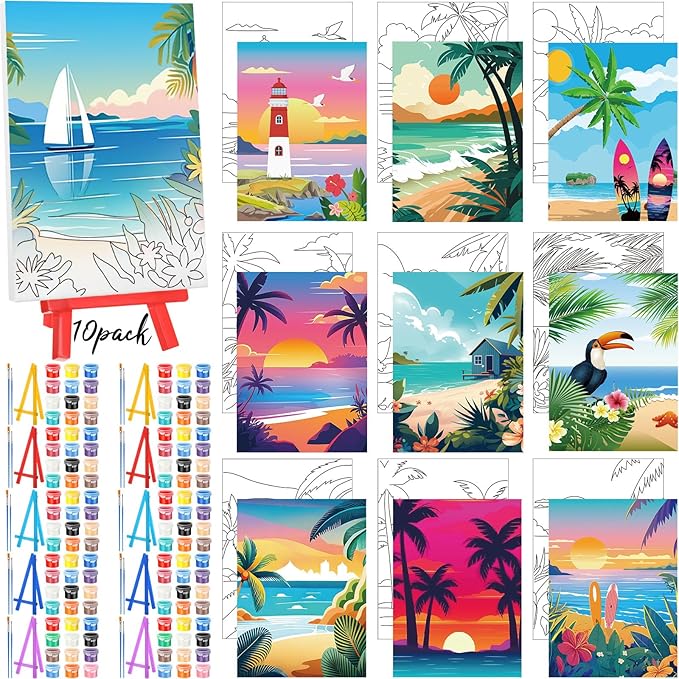 Blosssound 10 Set Pre Printed Canvas Pre Drawn Canvas Painting with Easel Kits 5" x 7" Outline Painting Panels for Beginners, DIY Craft Project, Party Favor, Home Decors(Landscape)-CubbioJoy