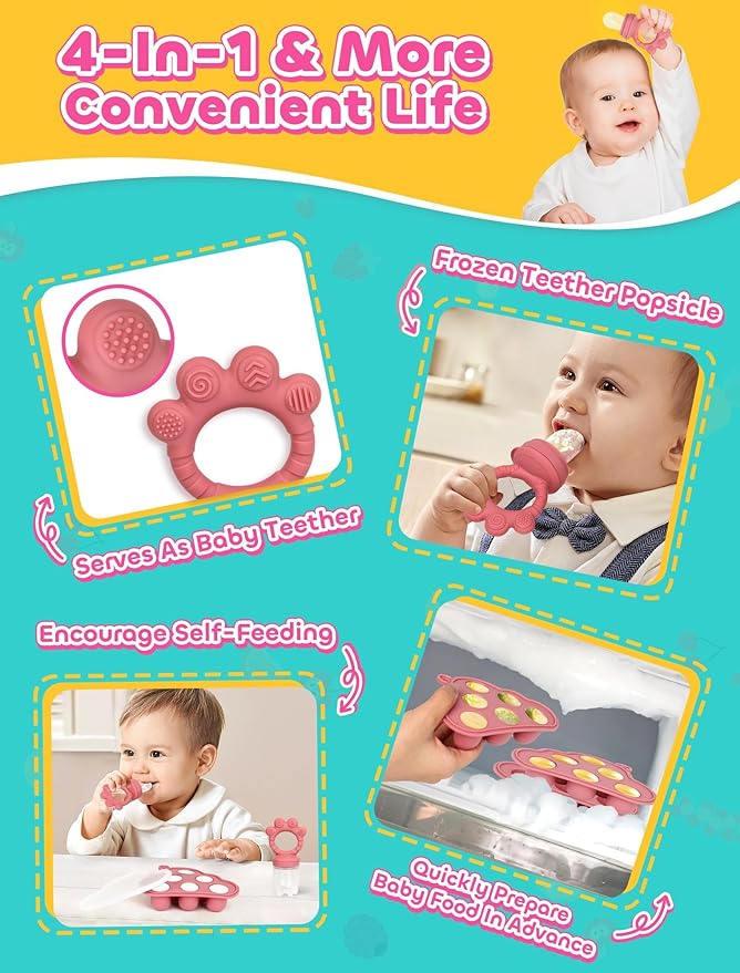 Breastmilk Popsicle Molds & Baby Fruit Food Feeder Pacifier, Silicone Baby Food Storage Containers, Baby Popsicle Molds Teething for Toddler Teething & Infant Self Feeding (Pink)-CubbioJoy