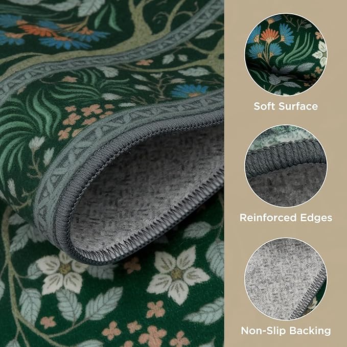 Joydeco Boho Floral 8x10 Area Rugs for Living Room, Washable Dark Green Rug Non Slip, Soft Large Low-Pile Botanical Forest Indoor Floor Throw Carpet for Bedroom Nursery Dining Office-CubbioJoy