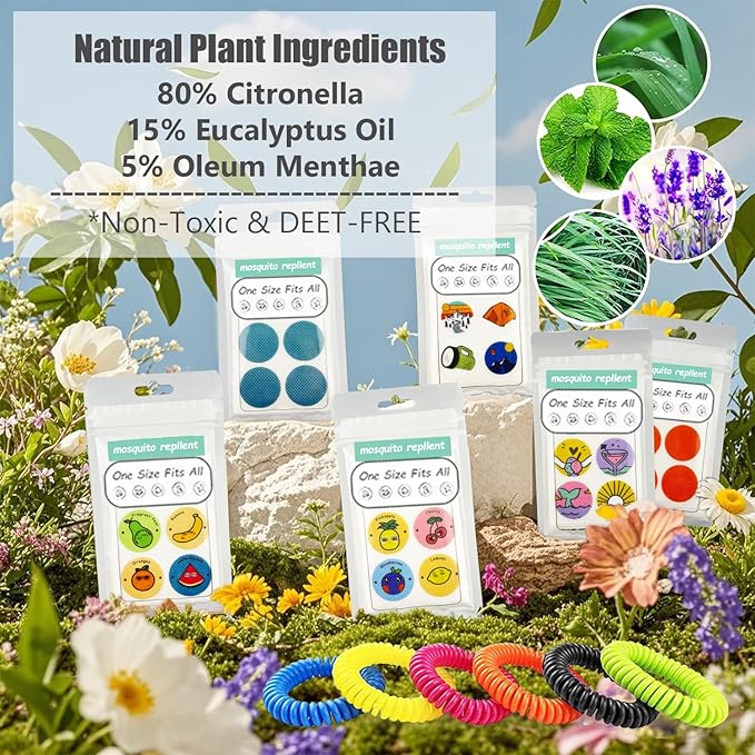 360Pcs Mosquito Patches Stickers,Natural Plant Based Individually Wrapped Mosquito Stickers with 6 Pack Mosquito Repellent Bracelets for Kids Adult Outdoor Hiking, Camping, Travel-CubbioJoy