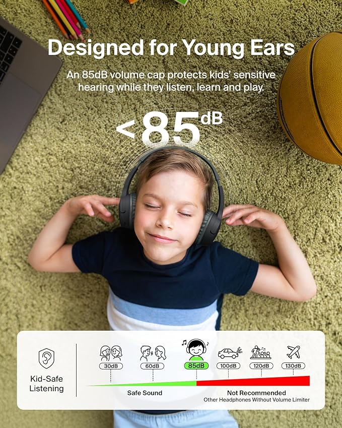 Belkin SoundForm Mini Kids Wireless Headphones w/Built-in Microphone, 30H of Playback Time, & Fun Stickers - Over-Ear Headsets for Online Learning, School, Travel, iPhone, iPad, Galaxy & More - Black-CubbioJoy