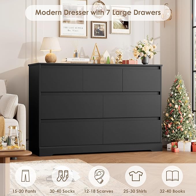 Dresser for Bedroom, Modern Black Dresser, Wood Chest of Drawers Nursery Dressers, with Storage, 7 Drawer Double with Handle Free, Large Storage Organizer for Living Room,White-CubbioJoy