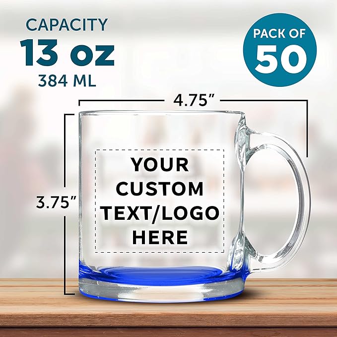 Custom Libbey Clear Glass Coffee Mugs 13 oz. Set of 50, Personalized Bulk Pack - Perfect for Coffee, Tea, Espresso, Hot Cocoa, Other Beverages - Blue Bottom-CubbioJoy