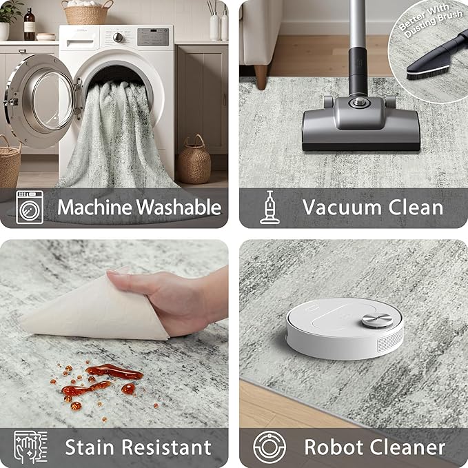 Area Rugs 8x10 Living Room Rugs: Large Modern Abstract Washable Rug with Non-Slip Backing, Thin Carpet for Dining Room Table Bedroom Nursery Indoor Home Office-Gray-CubbioJoy