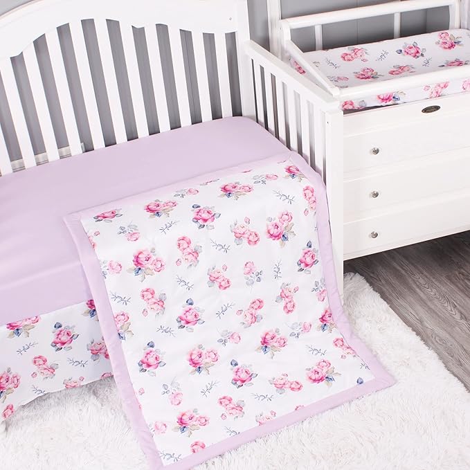 Belsden Floral 3 Piece Crib Bedding Set for Baby Boys Girls, Classic Nursery Bedding Essential Including Comforter, Crib Sheet and Crib Skirt, Ultra Soft Cozy, Floral Purple-CubbioJoy