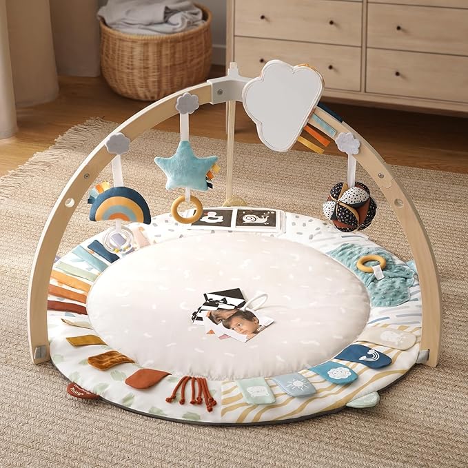 Blissful Diary Baby Play Gym & Activity Mat, 5 Developmental Zones Wooden Tummy Time Mat with 5 Detachable Sensory Toys for Motor Skills & Sensory Development, Baby Essentials Shower Gift-CubbioJoy