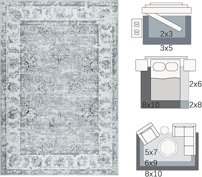 jinchan Washable Area Rug 8x10 for Living Room Soft Faux Wool Ultra-Thin Stain Resistant Non-Slip Distressed Vintage Floral Large Carpet for Bedroom,Dining Room,Home Office,Nursery(Grey, 8'x10')-CubbioJoy