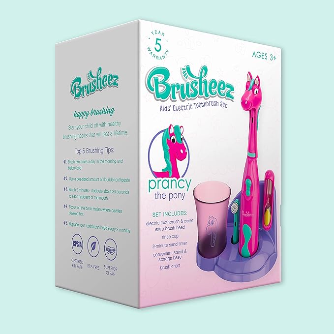 Brusheez Kids’ Electric Toothbrush Set - Safe & Effective for Ages 3+ - Parent Tested & Approved with Gentle Bristles, 2 Brush Heads, Rinse Cup, 2-Minute Timer, & Storage Base (Prancy The Pony)-CubbioJoy