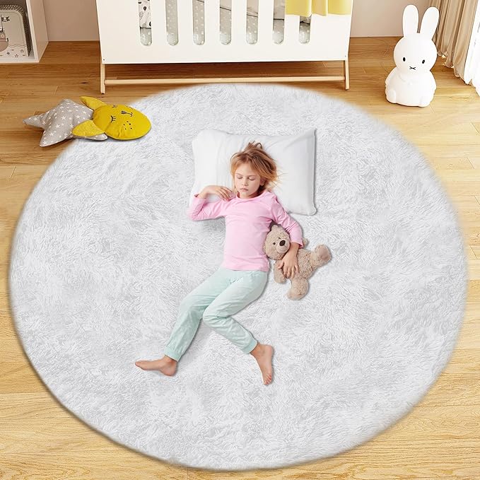 4FT Round Rug for Bedroom: Fluffy Shag Soft Washable Rugs Circle Small Fuzzy Plush Indoor Carpet for Living Room Nursery Playroom Dorm Kids Girls Boys Room (White, 4'x4')-CubbioJoy