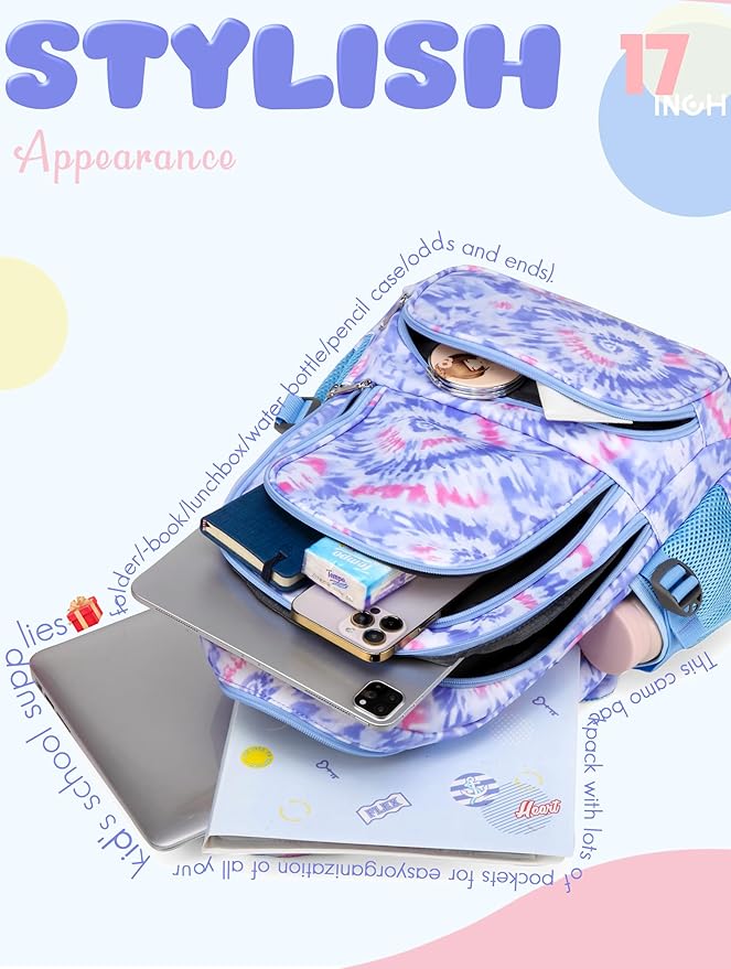 BLUEFAIRY Kids Backpack for Girls Elementary Primary Middle School Bags for Aged 8-10 for Teens Childs Bookbags Back to School Book Bags Cute Mochilas para Niñas Tie-dye Violet-CubbioJoy