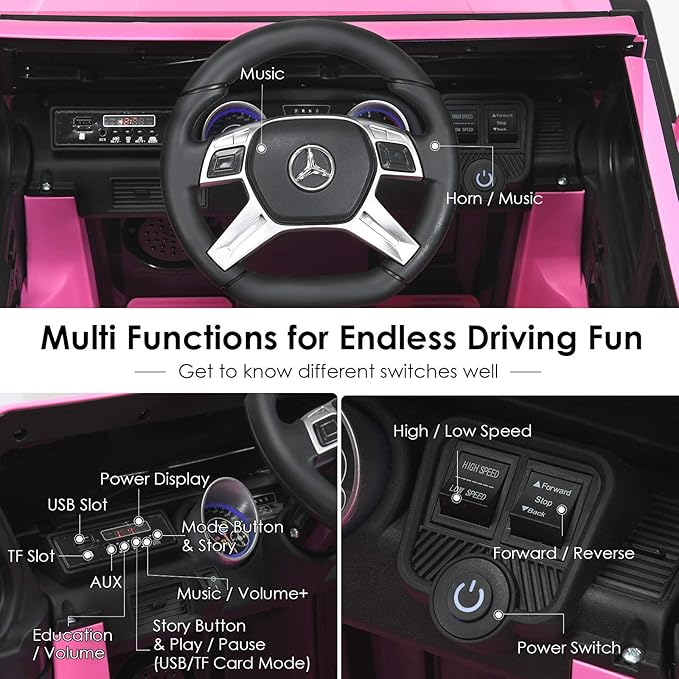 Costzon Ride on Car, Licensed Mercedes-Benz Maybach, 12V Battery Powered Vehicle Toy w/ 2 Motors, Remote Control, 3 Speeds, Lights, Horn, Music, Aux, Storage, Truck, Electric Car for Kids (Pink)-CubbioJoy