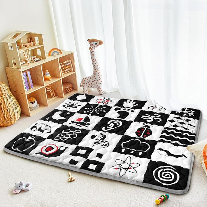 Baby Play Mats for Floor, 71”x59” Upgraded Thickness & Larger Super Soft Playmat for Babies and Toddlers, Foldable Washable, Upgrade Anti-Slip Crawling Mat for Playpen(High Contrast)-CubbioJoy