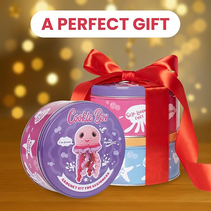 Cookie Box Crochet Kit for Beginners - Learn to Craft Amigurumi Stuffed Animals - Knitting Gift for Kids and Adults - Beginner-Friendly Yarn - Stitch-by-Stitch Video Tutorial - Jellyfish Jenny-CubbioJoy