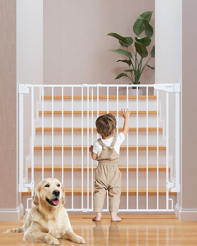 Cumbor 34" Extra Tall No Bottom Bar Baby Gate for Stairs, Auto Close Dog Gate Indoor for Larger Pets, 29.2-43" Hardware Mounted Safety Gate for Doorways, Wide Walk Thru Door for Easy Access (White)-CubbioJoy