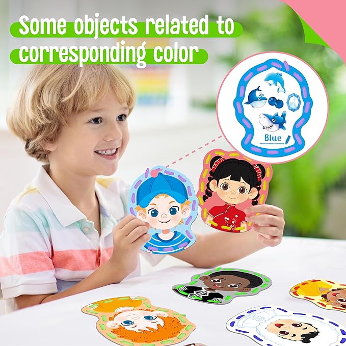 9 Pieces Happy Face Lacing Cards, 9 Double Sided Color Sewing Cards with 9 Colorful Laces, Educational & Learning Activity Games, Imagination Development Lacing Toys for Preschoolers, Kids-CubbioJoy