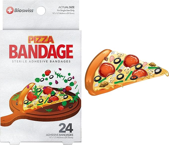 BioSwiss Bandages, Pizza Shaped Self Adhesive Bandage, Latex Free Sterile Wound Care, Fun First Aid Kit Supplies for Kids, 24 Count-CubbioJoy