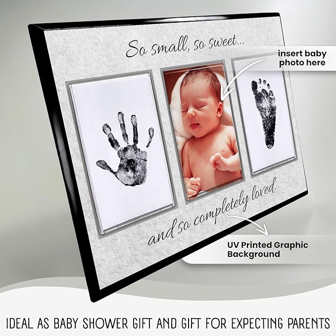 Baby Hand and Footprint Kit with Photo & Birth Details, Inkless Hand and Footprint Kit, Newborn Keepsake Plaque, Baby Shower Gifts (STYLE 2 (Baby Shower) (So Small, So Sweet))-CubbioJoy