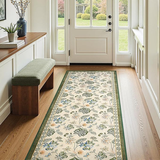 jinchan 3x10 Floral Runner Rug for Hallway Washable Kitchen Runner Vintage Romance Design Non Slip Thin Indoor Floor Cover Low-Profile Throw Carpet for Entryway Bathroom Bedroom Porch, Green/Beige-CubbioJoy