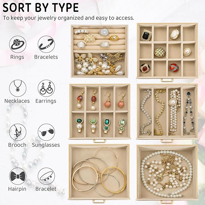 AKOZLIN 6-Tier Jewelry Box Lockable Leather Jewelry Storage Case with 5 Drawers for Women Girls Ring Necklace Earring Bracelet Holder Organizer with Mirror-CubbioJoy