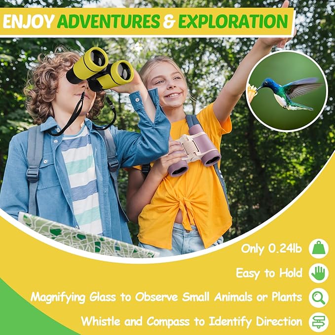 Binoculars for Kids, Kids Binoculars Toys for 3 4 5 6 7 8 Years Boys and Girls, Set with Magnifying Glass & Compass - Birthday Gifts Outdoor Toy for Kid Ages 3-8 Toddler Camping (Yellow)-CubbioJoy