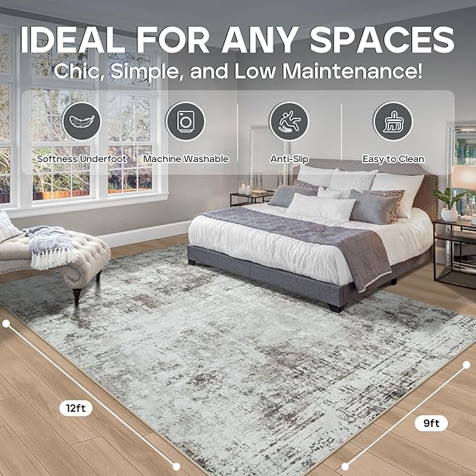 9x12 Area Rugs for Living Room Rug Washable: Modern Large Rug for Dining Room Bedroom Carpet Non Slip 9 by 12 Indoor Abstract Nursery Home Office Brown Grey-CubbioJoy
