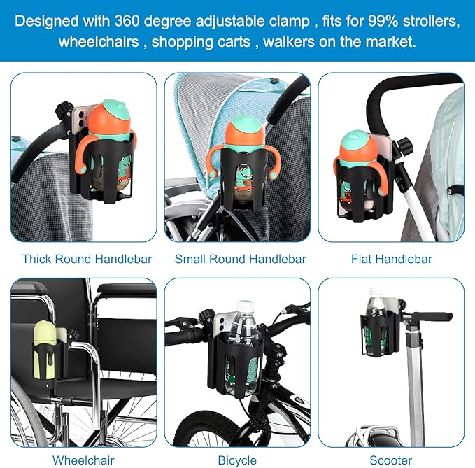 Accmor Stroller Cup Holder with Phone Holder, Universal Cup Holder, Bike Cup Holder, 360° Rotatable Large Caliber Drinks Holder for Stroller, Bike, Wheelchair, Walker-CubbioJoy