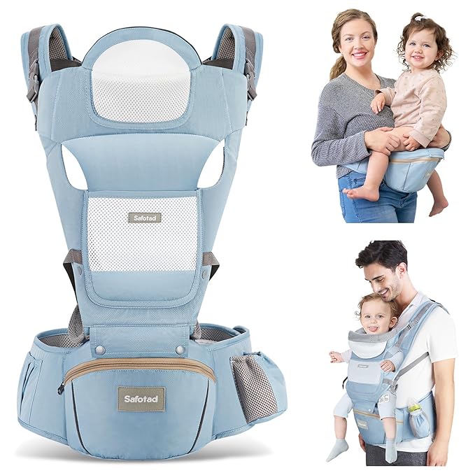 Baby Carrier with Hip Seat,Ergonomic M Position 6in1 Baby Carrier Newborn to Toddler,Head Support and Breathable Mesh Newborn Carrier,Adjustable Baby Holder Carrier for Dad&Mom-Blue-CubbioJoy