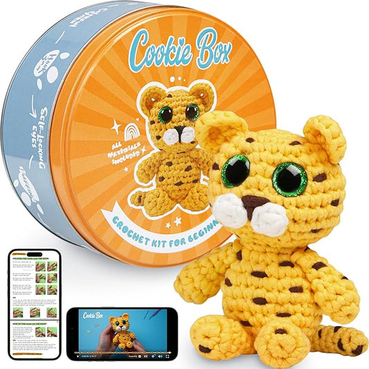 Cookie Box Crochet Kit for Beginners - Learn to Craft Amigurumi Stuffed Animals - Knitting Gift for Kids and Adults - Beginner-Friendly Yarn - Stitch-by-Stitch Video Tutorial - Leopard Leo-CubbioJoy