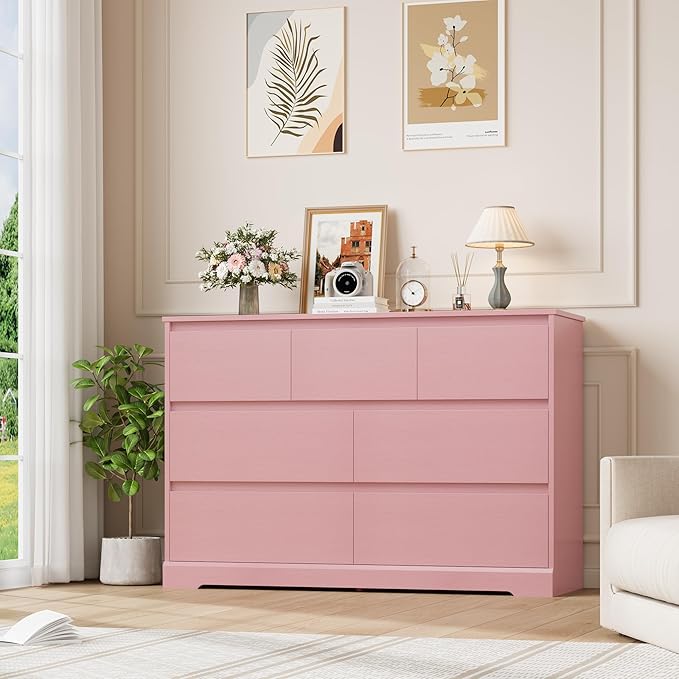 Dresser for Bedroom, Modern Pink Dresser, Wood Chest of Drawers Nursery Dressers, with Storage, 7 Drawer Double with Handle Free, Large Storage Organizer for Living Room,Pink-CubbioJoy