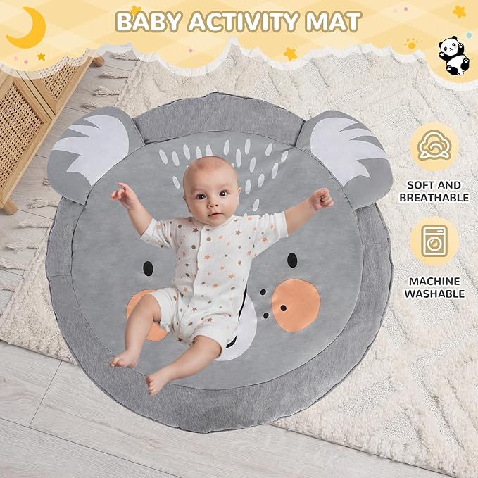 Baby Play Gym with Mat – Wooden Montessori Gym for Newborns 0-12M,Natural Pine Wood with 6 Sensory Toys,Foldable & Portable (Koala)-CubbioJoy