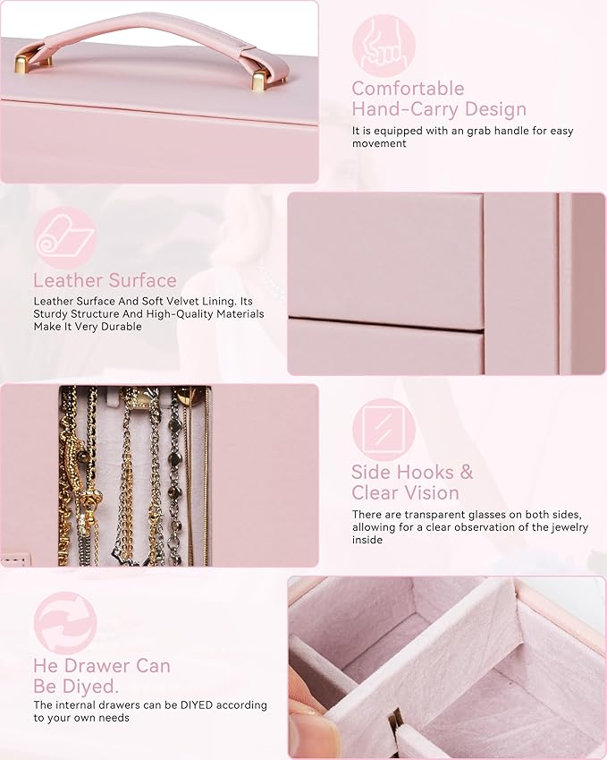 AKOZLIN 360° Rotating Jewelry Box 6-Tier Organizer Functional Jewelry Storage Case for Women Girls Ring Necklace Earring Bracelet Holder with Mirror Pink-CubbioJoy