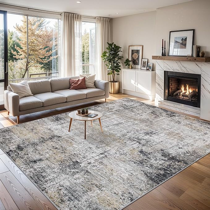Area Rugs 10x14 Living Room - Washable Rug Modern Abstract Soft Large Neutral Non-Slip Carpet Indoor Floor Thin Carpets for Bedroom Dining Room Farmhouse Nursery Home Office Brown Black Grey-CubbioJoy