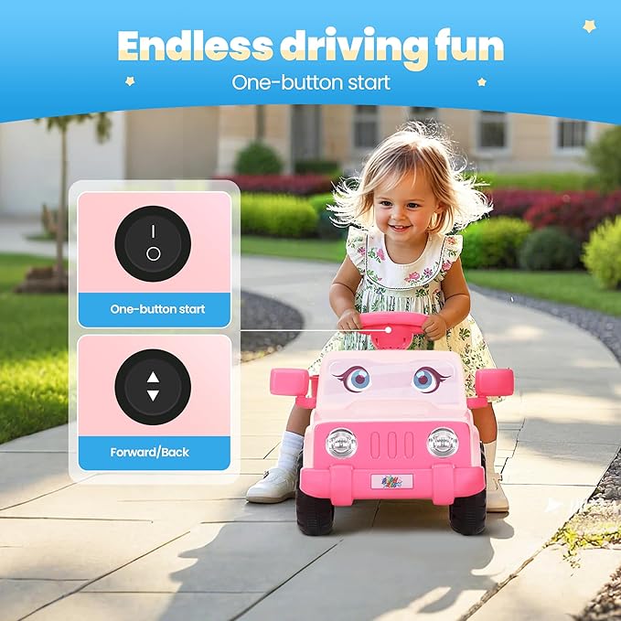 6V Toddler Ride-On Car with Horn LED Front Light Rear Storage and Eyes Theme – Fun & Safe Electric Car for Boys & Girls 18+ Months – Perfect for Little Explorers(Pink Eyes)-CubbioJoy
