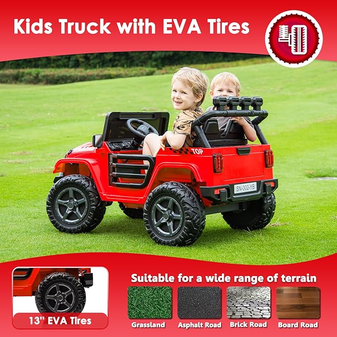 24V 2 Seater Ride On Truck with Remote Control 4WD Electric Car for Kids Ride On Car Battery Powered Ride On Toy Car with Music Player, LED Lights, Bluetooth, Rear Shock Absorber, Red-CubbioJoy