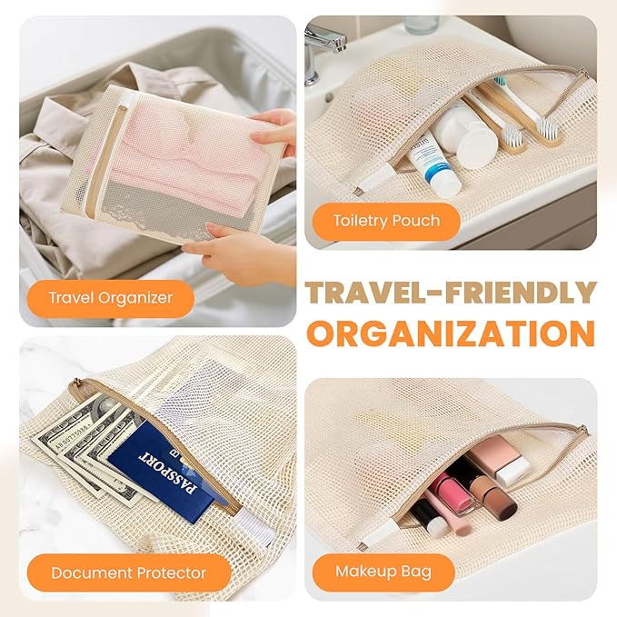 4Pcs Cotton Mesh Laundry Bags for Delicates,Breathable Mesh Garment Bag for Washing Machine,Travel Wash Bags with Zipper for Bras,Underwear,Socks,Baby Clothes,Laundry Dorm Room Essentials(M)-CubbioJoy
