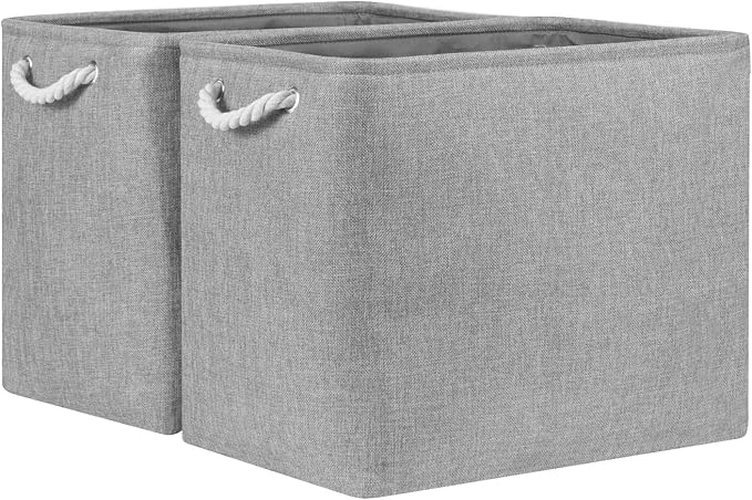 Bidtakay Collapsible Storage Bins for Clothes Large Grey Storage Baskets with Cotton Handles 17x12x15 In Set of 2 Fabric Cubby Storage Bins Livingroom Home Decorative Storage Organizer for Blankets-CubbioJoy