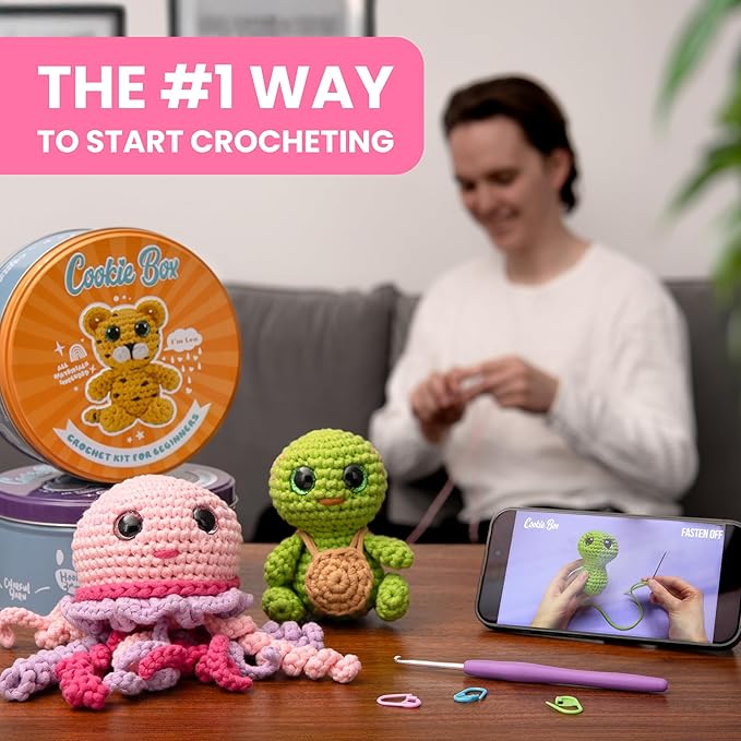 Cookie Box Crochet Kit for Beginners - Learn to Craft Amigurumi Stuffed Animals - Knitting Gift for Kids and Adults - Beginner-Friendly Yarn - Stitch-by-Stitch Video Tutorial - Bear Ted-CubbioJoy