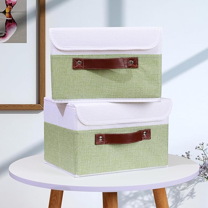 ANMINY 2PCS Storage Boxes with Lid Washable Decorative Storage Bins Basket with PU Leather Handle Foldable Linen Fabric Storage Cubes Containers for Home Closet Organizer - Green White, Small Size-CubbioJoy
