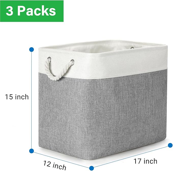 Bidtakay Extra Large Storage Baskets for Organizing 17x12x15.1 inch 3-Pack Fabric Closet Organizers Storage Bins with Handles Foldable Storage Baskets for Shelves Clothes XL-White&Grey-CubbioJoy
