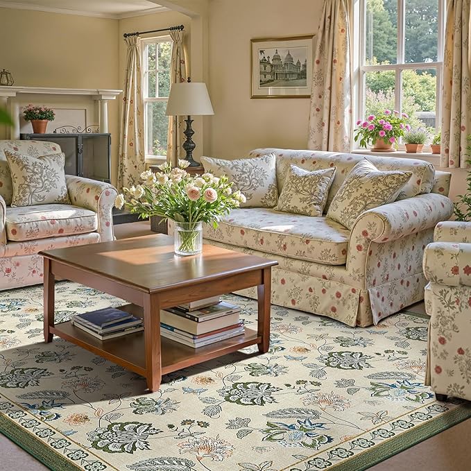 jinchan 8x10 Floral Rug for Living Room Washable Bedroom Rug Vintage Romance Design Non Slip Thin Indoor Floor Cover Large Low-Profile Throw Carpet for Dining Room Office, Green/Beige-CubbioJoy
