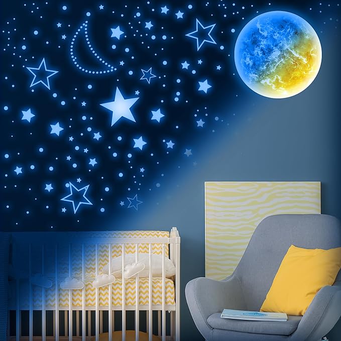 965 PCS Glow in The Dark Stars and Sun for Ceiling, Luminous Stars and Planet Wall Decals, Kids Room Decor, Glowing Galaxy Wall Stickers for Nursery Decorations (Blue)-CubbioJoy