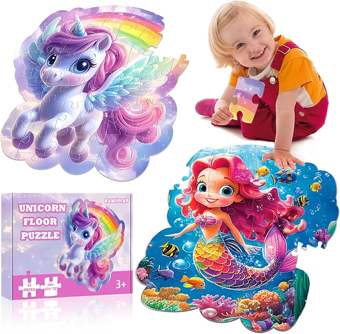 45pcs Unicorn & Mermaid Double-Sided Floor Puzzles, Ages 3-8, 27.6x32 In, Waterproof, EVA Material, Jumbo Jigsaw Puzzle, 1 Set of 45 Pieces-CubbioJoy