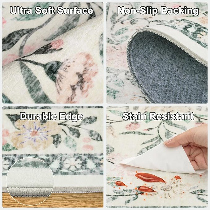 Area Rug Living Room Rugs: Floral 5x7 Washable Rug Vintage Soft Boho Non-Slip Carpet Indoor Stain Resistant Large Carpets for Bedroom Dining Room Farmhouse Nursery Hallway Home Office Green Beige-CubbioJoy