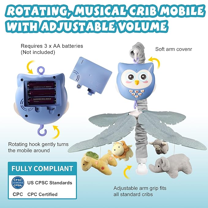 Baby Crib Mobile with Music and Lights for Boys Musical Mobile Animals for Crib Bassinet Girls Toys Hanging Portable Safari Nursery Decor Blue-CubbioJoy