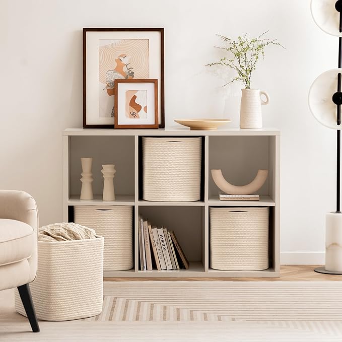 joybest Cube Storage Bins Set of 4, 13inch Cube Baskets Organizer for Nursery, Square Cotton Rope Baskets for Shelves Organizing, Kids Toy, Closet Storage, Beige-CubbioJoy