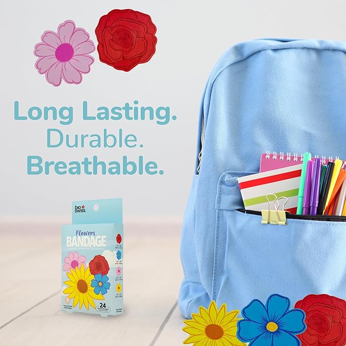 BioSwiss Bandages, Flowers Shaped Self Adhesive Bandage, Latex Free Sterile Wound Care, Fun First Aid Kit Supplies for Kids and Adults, 24 Count-CubbioJoy