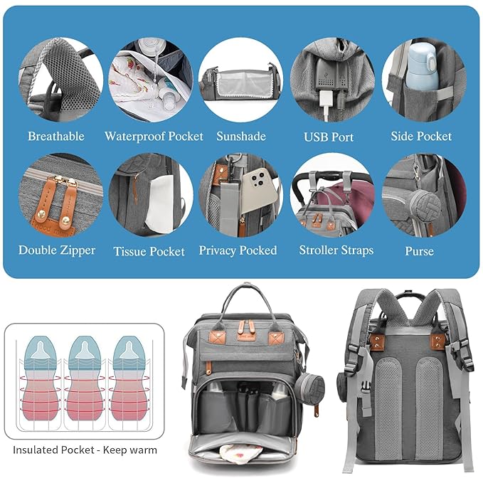 Jeryswet Baby Diaper Bags with Changing Station, Waterproof Large Capacity Diaper Bag Backpack for Moms Dads with USB Charging Port and Stroller Straps, Baby Shower Gifts, Grey-CubbioJoy
