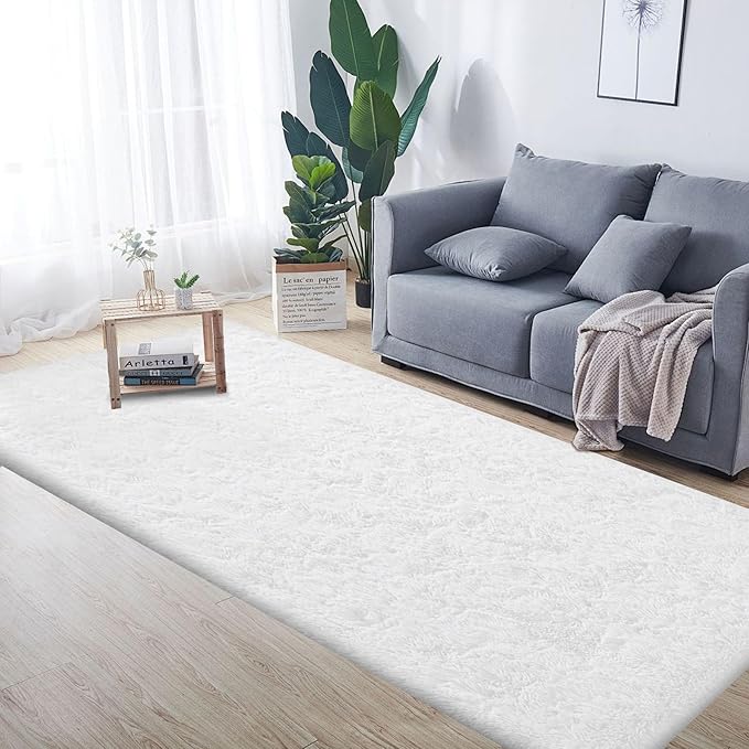 2x6 Runner Rug for Bedroom: Fluffy Shag Soft Washable Rugs Small Fuzzy Plush Indoor Carpet for Hallway Bedside Dorm Kids Girls Boys Room (White, 2'x6')-CubbioJoy