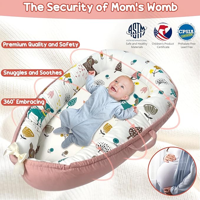 Baby Lounger - Baby Lounger for Newborn 0-24 Months, Breathable, Soft Cotton Baby Nest, Portable Infant Lounger for Home & Travel, Newborn Essentials Gift (Pink Deer)-CubbioJoy